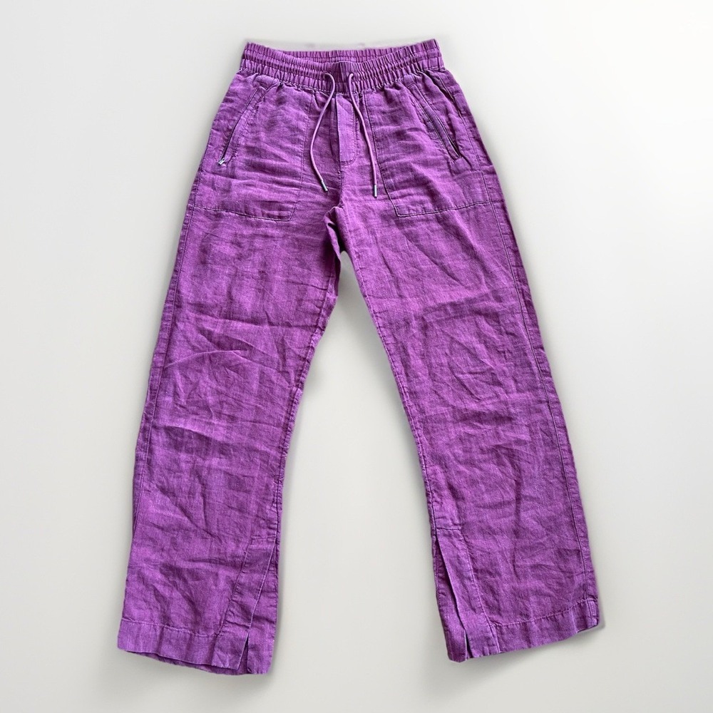 Athleta Women's 0 Mauve Cabo 100% Linen Wide Leg Pants Elastic Waist Comfort
